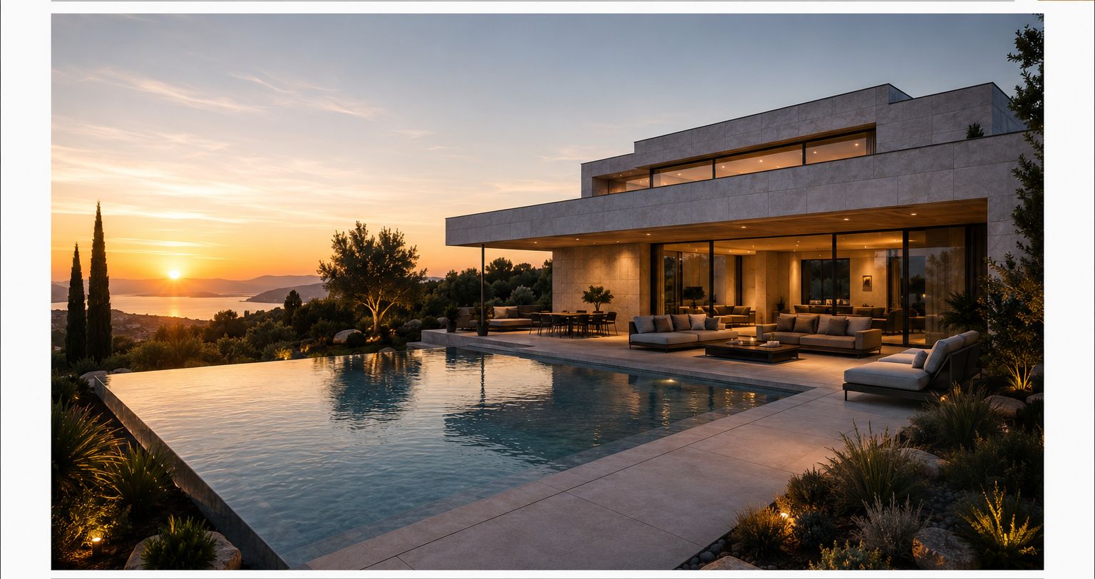 Villa contemporánea con piscina infinita al atardecer construida por Dolmen