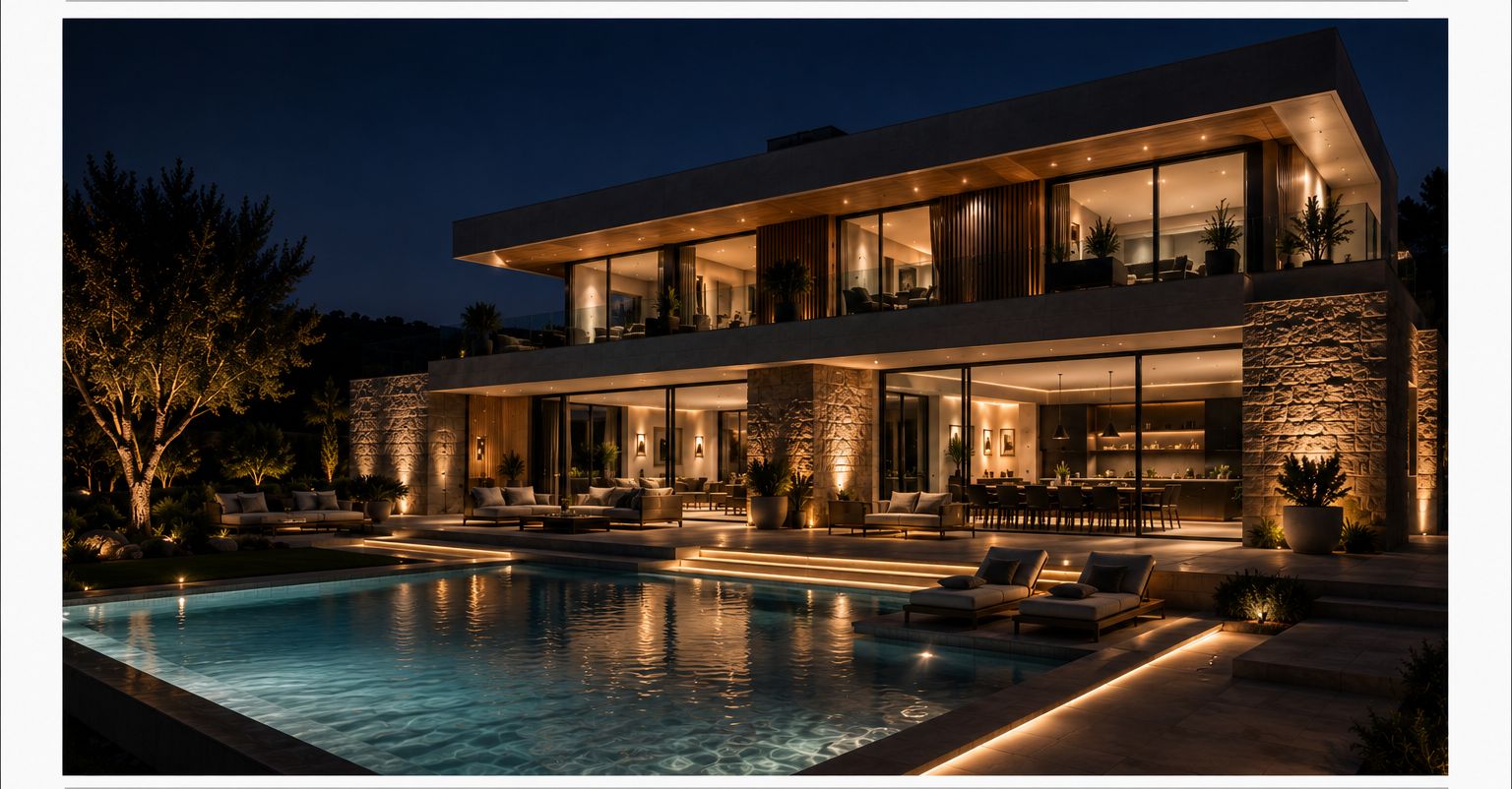 Vivienda contemporánea iluminada de noche